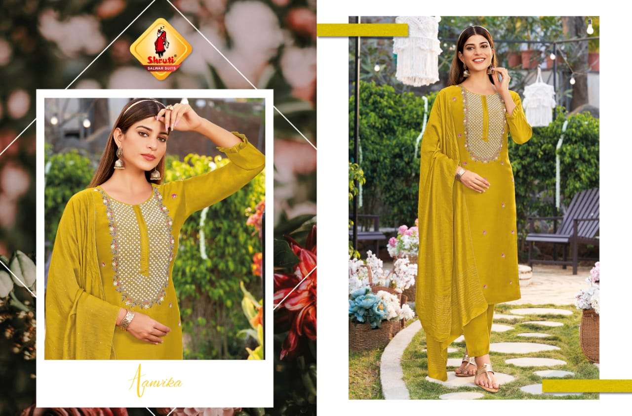 PARAM SUNDARI VOL 3 BY SHRUTI SUITS BRAND PRESENTS PURE VISCOSE SILK BASE GORGEOUS ZARDOZI, MOTI, MIRROR HANDWORK KURTI WITH PANT AND SILK BASE CROCHET DUPATTA-ANVIKA